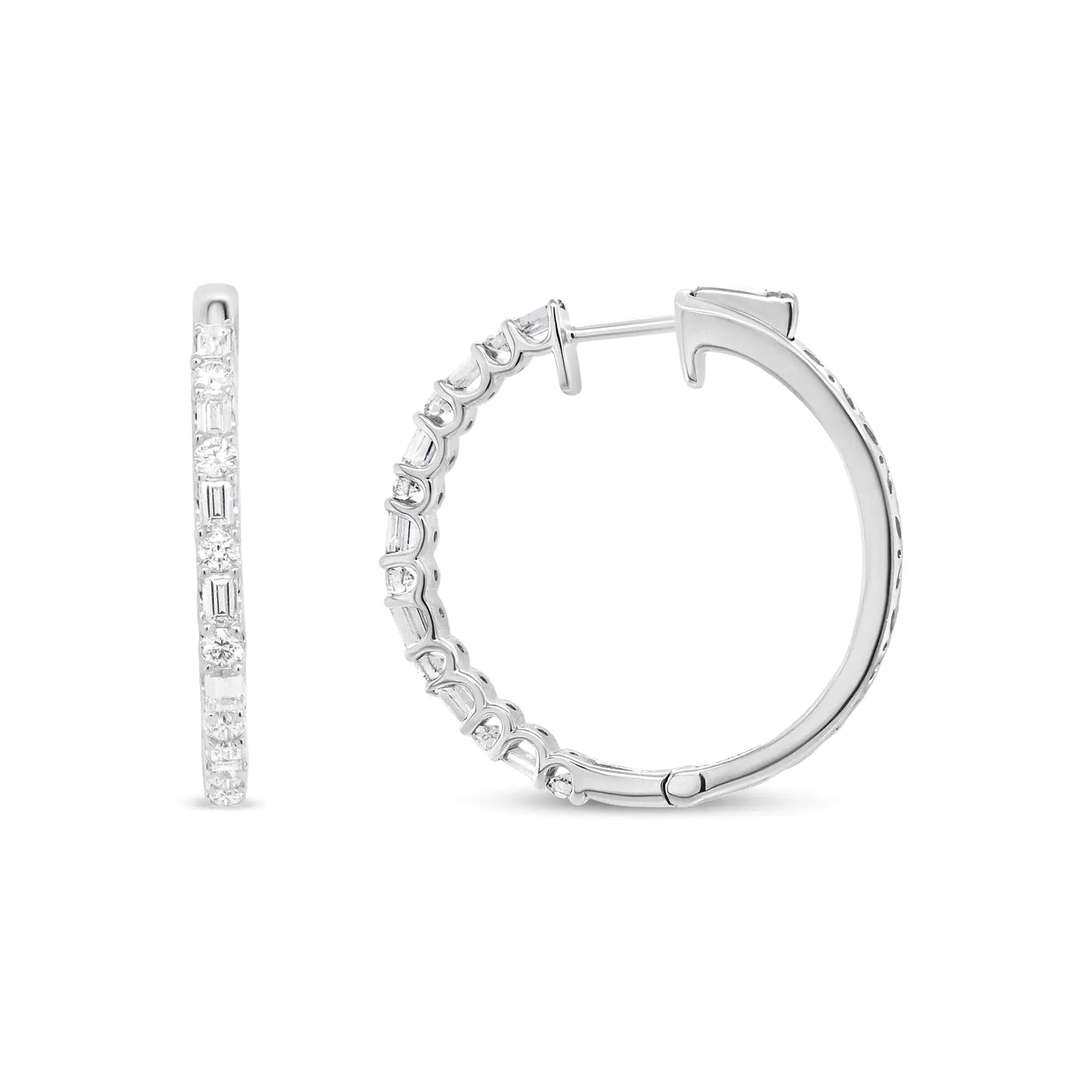 14K White Gold 1 3/4 Cttw Round and Baguette Diamond Hoop Earrings - (H-I Color, SI2-I1 Clarity)