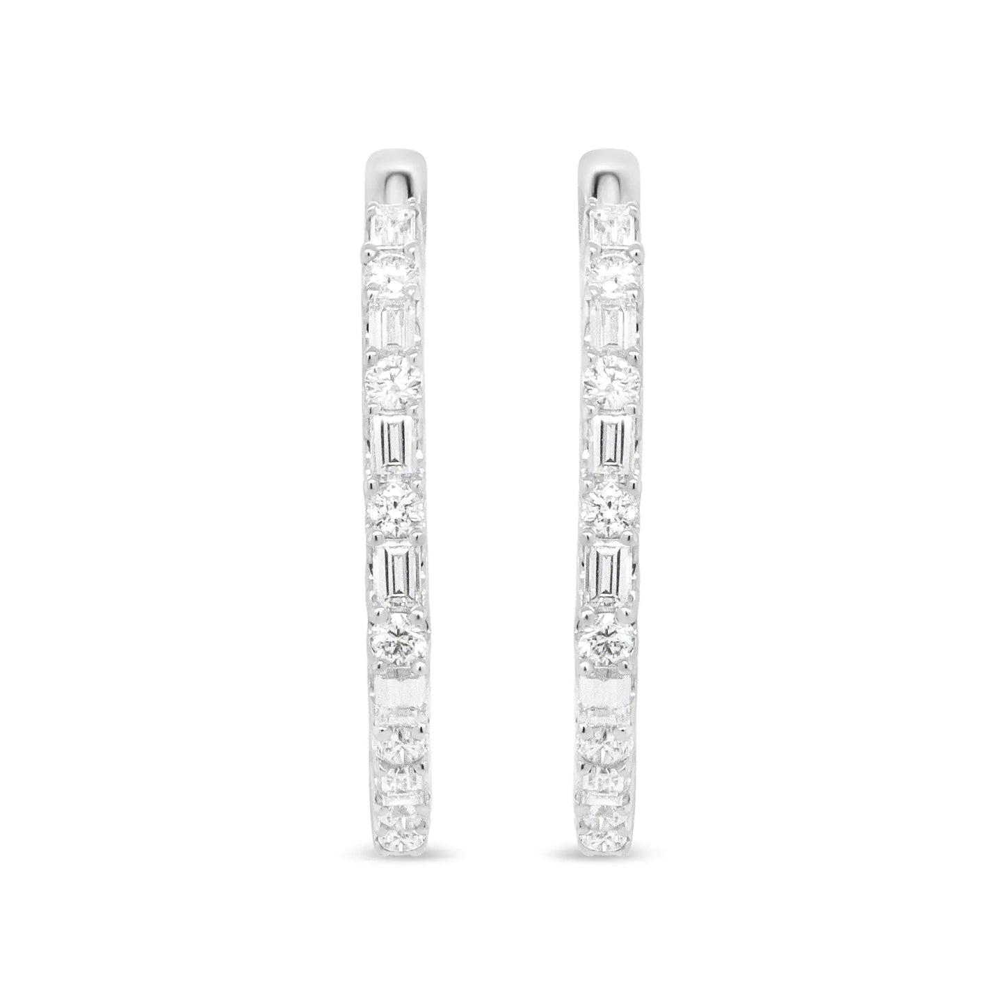 14K White Gold 1 3/4 Cttw Round and Baguette Diamond Hoop Earrings - (H-I Color, SI2-I1 Clarity)