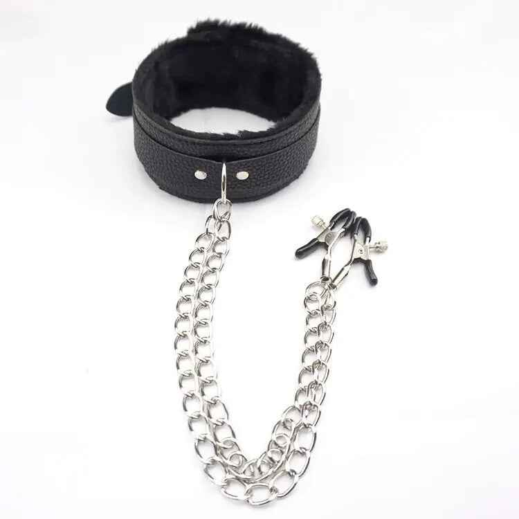 PU Leather Collar With Nipple Clamps SM Bondage Play Sex Toys For Couples BDSM