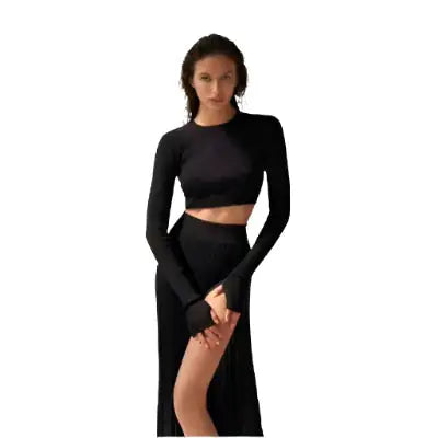 Chic Pullover - Knitted Pleated Skirt Suit High Slit Long Sleeve